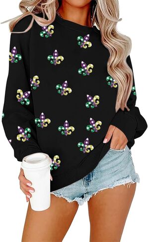 LUKYCILD Mardi Gras Sweatshirt Women Mardi Gras Day Mask T-Shirt Fat Tuesday Carnival Long Sleeve Shirt New Orleans Party Top in Saudi Arabia
