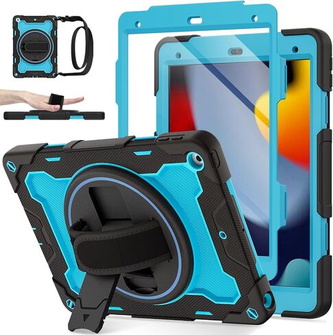 for iPad 9th 8th 7th Generation Case 10.2 inch iPad Case with Screen Protector, 360 Stand, Hand Strap, Shoulder Strap[Kids Friendly 15ft Drop Protection]3-layer Rugged Full-Body 10.2 iPad Case in Saudi Arabia
