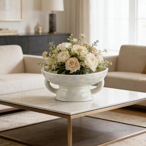 Stoneware Bowl with Handle, Large 8" Wide Reactive Glazed Decorative Ceramic Bowl Modern Pedestal Entryway & Table Centerpiece for Vintage Wedding and Party Events Decorations(White) in Saudi Arabia
