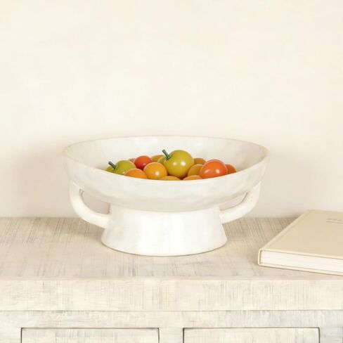 Stoneware Bowl with Handle, Large 8" Wide Reactive Glazed Decorative Ceramic Bowl Modern Pedestal Entryway & Table Centerpiece for Vintage Wedding and Party Events Decorations(White) in Saudi Arabia