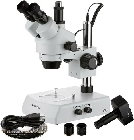 Amscope SM-2TZ-M مجهر تكبير ستيريو رقمي احترافي ثلاثي العينيات، عدسات WH10x، تكبير 3.5X-90X، هدف تكبير 0.7X-4.5X، إضاءة هالوجين علوية وسفلية، حامل عمود، 110 فولت-120 فولت، يتضمن 0.5X و2.0X بارلو عدسات وكاميرا 1.3 ميجابكسل واي in Saudi Arabia