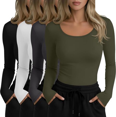 4 Pack Plus Size Underscrub Long Sleeve for Women, Cotton Blend Scoop Neck Undershirts, Nurse Fitted Basic Tops in Saudi Arabia