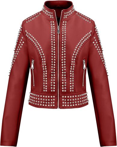 Bellivera Women's Faux Leather Jacket Studded Rivet Casual Short Moto Biker Stand Collar Coat in Saudi Arabia