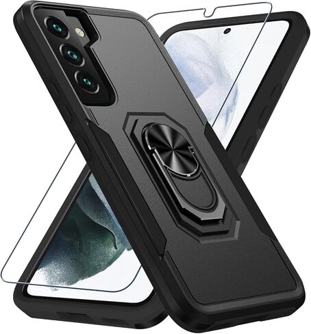 جراب Janmitta لهاتف Samsung Galaxy S23 FE مع قطعتين واقي شاشة، غطاء هاتف كامل الجسم مقاوم للصدمات عالي التحمل مدمج بحامل حلقة معدنية قابلة للدوران، 2023 أسود غير لامع in Kuwait