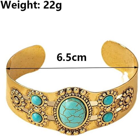 Rrdaily Turquoise Stone Cuff Bracelet Vintage Gold Tone Bangle, Boho Statement Adjustable Tribal Carved Pattern Jewelry Gift for Fashion Women in Saudi Arabia