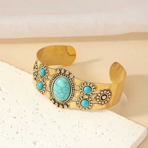 Rrdaily Turquoise Stone Cuff Bracelet Vintage Gold Tone Bangle, Boho Statement Adjustable Tribal Carved Pattern Jewelry Gift for Fashion Women in Saudi Arabia