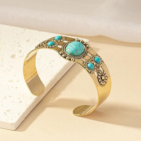 Rrdaily Turquoise Stone Cuff Bracelet Vintage Gold Tone Bangle, Boho Statement Adjustable Tribal Carved Pattern Jewelry Gift for Fashion Women in Saudi Arabia