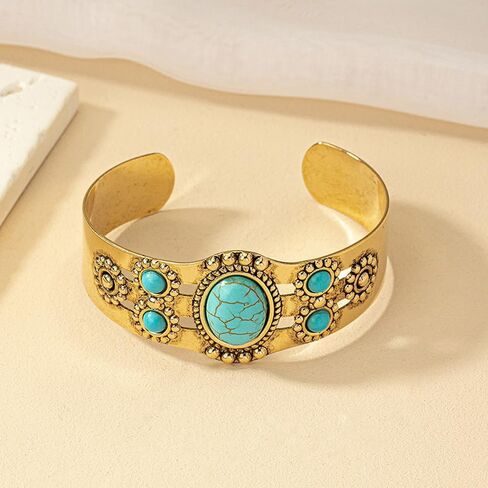 Rrdaily Turquoise Stone Cuff Bracelet Vintage Gold Tone Bangle, Boho Statement Adjustable Tribal Carved Pattern Jewelry Gift for Fashion Women in Saudi Arabia