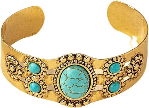 Rrdaily Turquoise Stone Cuff Bracelet Vintage Gold Tone Bangle, Boho Statement Adjustable Tribal Carved Pattern Jewelry Gift for Fashion Women in Saudi Arabia