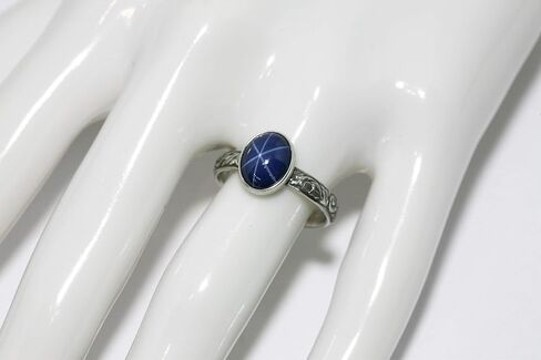 Oval Created Blue Star Sapphire Ring Vine Pattern Vintage Silver in Kuwait