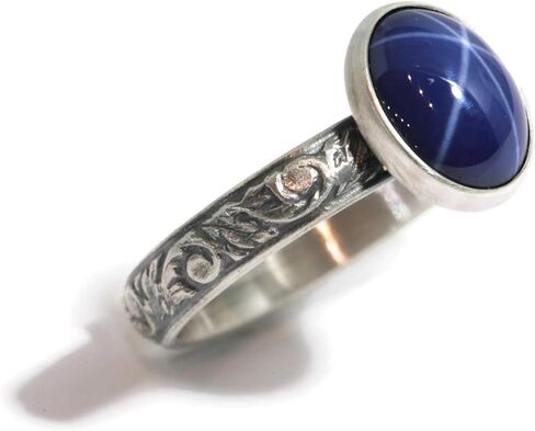 Oval Created Blue Star Sapphire Ring Vine Pattern Vintage Silver in Kuwait