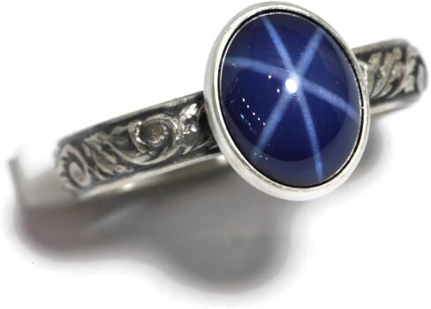 Oval Created Blue Star Sapphire Ring Vine Pattern Vintage Silver in Kuwait