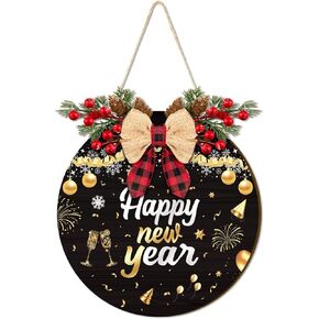 11.8 Inch Happy New Year Door Sign with Bow Rustic Round Wood Wreaths Front Door Hanging Sign for Christmas Door Wall Decoration (New Year-1) in Saudi Arabia