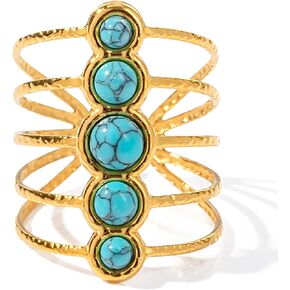 Adjustable 14K Gold-Plated Vintage Ring for Women with Natural Turquoise Blue Stone, Multi-Band Women’s Jewelry, Adjustable Bohemian-Inspired Ring, Maximalist Design in Saudi Arabia