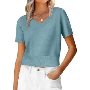 ANRABESS Womens Short Sleeve Sweaters Cropped V Neck Business Casual Lightweight Sweater Tops Summer Spring Clothes 2026 in Kuwait