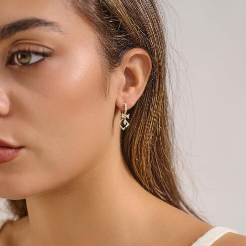 14K Gold Hoop Earrings for Women, 8mm Inner Diameter Huggie Hoops with Heart & Bow CZ Drop, Cubic Zirconia Elegant Dangle Earring, Hypoallergenic Dainty Jewelry,​ Aretes De Oro Para Mujer 14k in Saudi Arabia