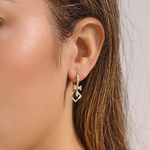 14K Gold Hoop Earrings for Women, 8mm Inner Diameter Huggie Hoops with Heart & Bow CZ Drop, Cubic Zirconia Elegant Dangle Earring, Hypoallergenic Dainty Jewelry,​ Aretes De Oro Para Mujer 14k in Saudi Arabia