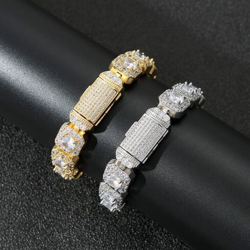 14K Gold 13mm Hip-Hop Bracelet with Rock Sugar Moissanite and Flip Clasp, Unisex Gift in Saudi Arabia