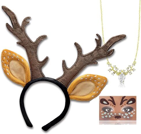 RechicGu 3 Women Halloween Christmas Reindeer Deer Ears Headband Costume Accessories Antlers Horn Necklace Face Sticker Set in Saudi Arabia