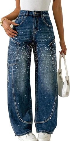 heipeiwa Women's Rhinestone Barrel Jeans Wide Leg Baggy Denim Pants Sparkle Shiny Glitter Boyfriend Jean Outfit in Saudi Arabia