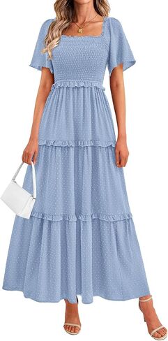 PRETTYGARDEN Summer Dresses for Women 2026 Boho Swiss Dot Smocked Square Neck Short Sleeve Spring Wedding Guest Maxi Dress in Saudi Arabia
