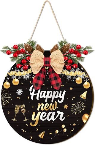 11.8 Inch Happy New Year Door Sign with Bow Rustic Round Wood Wreaths Front Door Hanging Sign for Christmas Door Wall Decoration (New Year-1) in Saudi Arabia