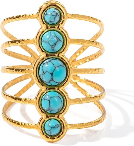 Adjustable 14K Gold-Plated Vintage Ring for Women with Natural Turquoise Blue Stone, Multi-Band Women’s Jewelry, Adjustable Bohemian-Inspired Ring, Maximalist Design in Saudi Arabia