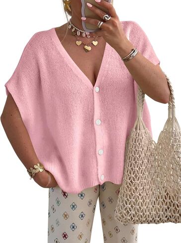 PRETTYGARDEN Batwing Short Sleeve Summer Cardigan Sweaters for Women Lightweight V Neck Button Oversized Sweater Tops in Saudi Arabia