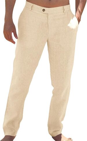 Mens Casual Linen Pants Loose Fit Elastic Drawstring Waist Lightweight Straight-Legs Beach Yoga Summer Trousers in Saudi Arabia