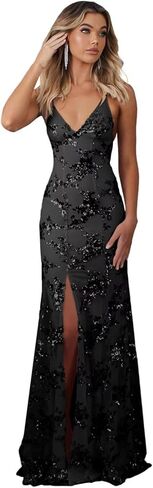 Floral Sequin Prom Dresses for Women Spaghetti Strap V Neck Mermaid Bodycon Maxi Cocktail Party Gown with Slit in Kuwait