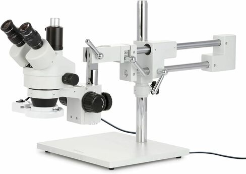 AmScope SM-4TZ-FRL مجهر تكبير ستيريو ثلاثي العينيات احترافي، عدسات WH10x، تكبير 3.5X-90X، هدف تكبير 0.7X-4.5X، ضوء حلقة فلورسنت 8 وات، حامل ذراع مزدوج، 110 فولت-120 فولت، يشمل 0.5X و2.0X بارلو لينس in Saudi Arabia