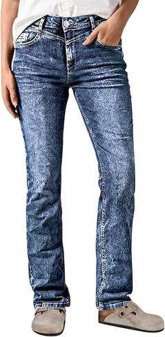 Flamingals Straight Leg Mid Waist Wash Casual Jeans for Women Distressed Stretchy Denim Pants in Saudi Arabia