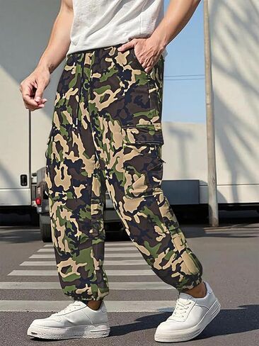 Men's Cargo Joggers, Casual Camo Green Streetwear Pants with Drawstring & Pockets, Army Fatigue Style Sweatpants in Saudi Arabia
