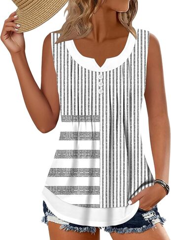 Womens Summer Tops Casual Scoop Neck Button Pleated Sleeveless Shirts Loose Fit Trendy Blouses in Saudi Arabia