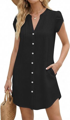 Bsubseach Womens Swimsuit Cover Up Button Down V Neck Beach Cover Ups Petal Short Sleeve Dress with Pockets in Saudi Arabia