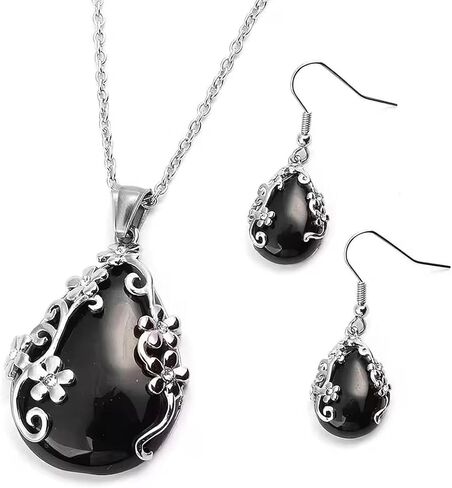 Jewelry Set for Women - Floral Gemstone Necklace & Earring Sets - Lapis Lazuli, Black Onyx & Dendritic Pendant Necklaces & Dangle Earrings - 20" Necklace Length Christmas Gifts for Women in Saudi Arabia