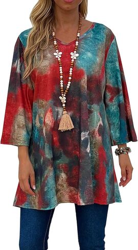 Women's Tie-Dye Print Top, Plus Size, V-Neck, 3/4 Sleeve, Casual Vacation Style, Spring/Summer Fashion T-Shirt/Sweatshirt in Saudi Arabia