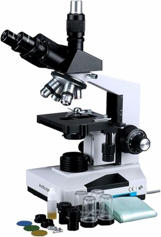 مجهر ثلاثي العينيات المركب AmScope T490، عدسات WF10x، تكبير 40X-1000X، برايتفيلد، إضاءة هالوجين، مكثف آبي، مسرح ميكانيكي مزدوج الطبقة، رأس منزلق، بصريات عالية الدقة in Saudi Arabia