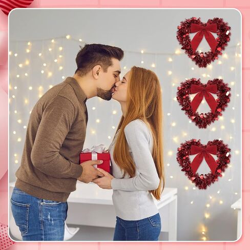 Geosar Red Valentine Heart Wreaths for Front Door Heart Shaped Wreath Tinsel Decor with Bowknot 12 Inch Hanging Valentine's Day Decor for Anniversary Wedding Wall Window Mantel(6 Pieces) in Saudi Arabia