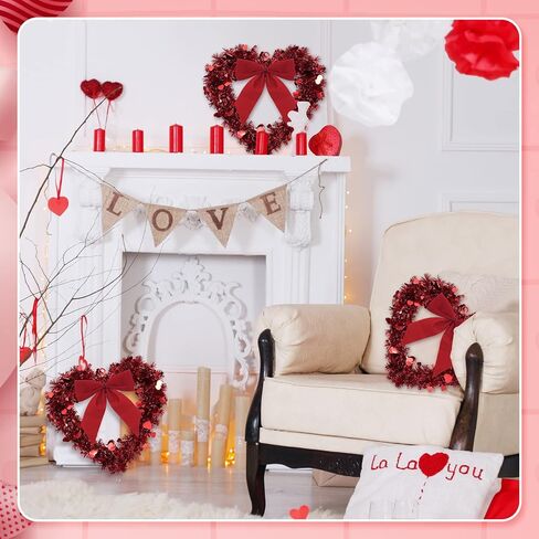 Geosar Red Valentine Heart Wreaths for Front Door Heart Shaped Wreath Tinsel Decor with Bowknot 12 Inch Hanging Valentine's Day Decor for Anniversary Wedding Wall Window Mantel(6 Pieces) in Saudi Arabia