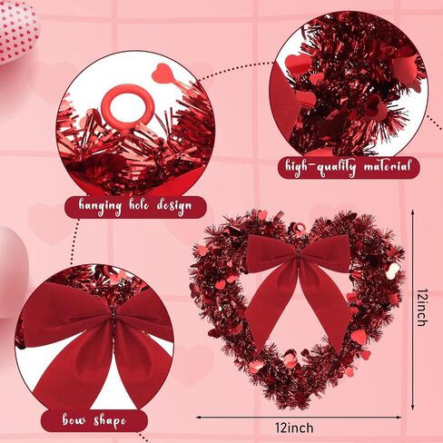 Geosar Red Valentine Heart Wreaths for Front Door Heart Shaped Wreath Tinsel Decor with Bowknot 12 Inch Hanging Valentine's Day Decor for Anniversary Wedding Wall Window Mantel(6 Pieces) in Saudi Arabia