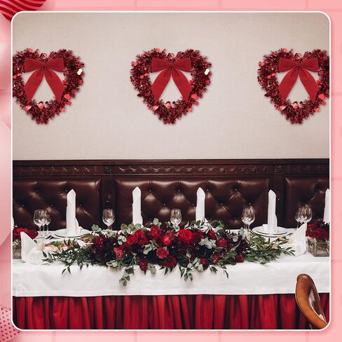 Geosar Red Valentine Heart Wreaths for Front Door Heart Shaped Wreath Tinsel Decor with Bowknot 12 Inch Hanging Valentine's Day Decor for Anniversary Wedding Wall Window Mantel(6 Pieces) in Saudi Arabia