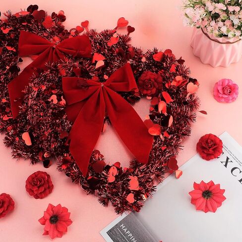 Geosar Red Valentine Heart Wreaths for Front Door Heart Shaped Wreath Tinsel Decor with Bowknot 12 Inch Hanging Valentine's Day Decor for Anniversary Wedding Wall Window Mantel(6 Pieces) in Saudi Arabia
