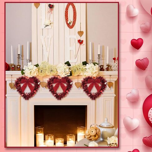 Geosar Red Valentine Heart Wreaths for Front Door Heart Shaped Wreath Tinsel Decor with Bowknot 12 Inch Hanging Valentine's Day Decor for Anniversary Wedding Wall Window Mantel(6 Pieces) in Saudi Arabia