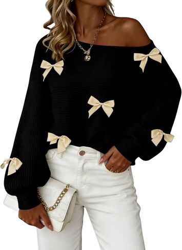 Verdusa Women's Off Shoulder Sweater Coquette Bow Long Sleeve Fall Sweaters Clothes Cozy Knit Tops in Saudi Arabia