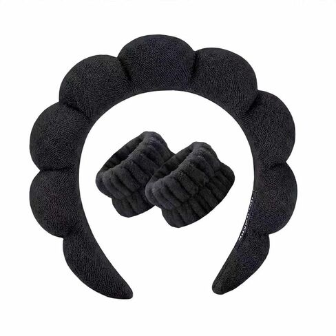 Spa Headband and Wristband Set for Women,Terry Cloth Sponge Headband for Washing Face,Makeup,Facial Mask and Skincare (Black,Blue, One Size) in Saudi Arabia
