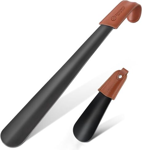 ZOMAKE Metal Shoe Horn 2Pcs - 16.5 inch Shoehorn Long Handled for Seniors Men Women and Kids - 6.7 inch Small Shoe horns with Leather Handle (Black 16.5&6.7 inch) in Kuwait