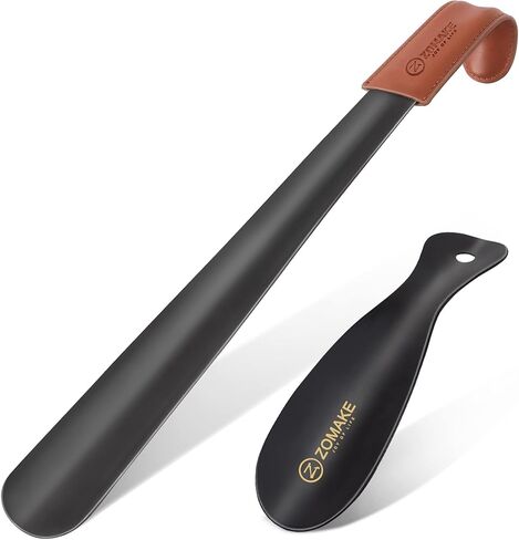 ZOMAKE Metal Shoe Horn 2Pcs - 16.5 inch Shoehorn Long Handled for Seniors Men Women and Kids - 6.7 inch Small Shoe horns with Leather Handle (Black 16.5&6.7 inch) in Saudi Arabia
