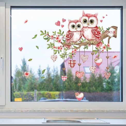 1 Sheet Static Owl Window Cling Sticker Valentine's Day Window Clings Pink Heart Floral Decals Peel and Stick Murals for Home Windows Glass Valentine’s Themed Decor (Pink) in Saudi Arabia