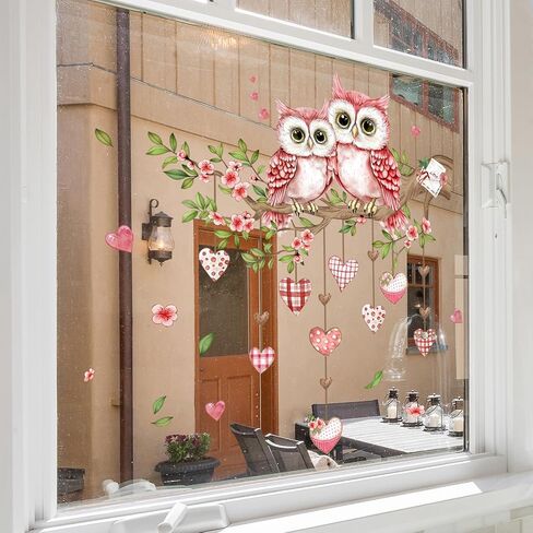 1 Sheet Static Owl Window Cling Sticker Valentine's Day Window Clings Pink Heart Floral Decals Peel and Stick Murals for Home Windows Glass Valentine’s Themed Decor (Pink) in Saudi Arabia